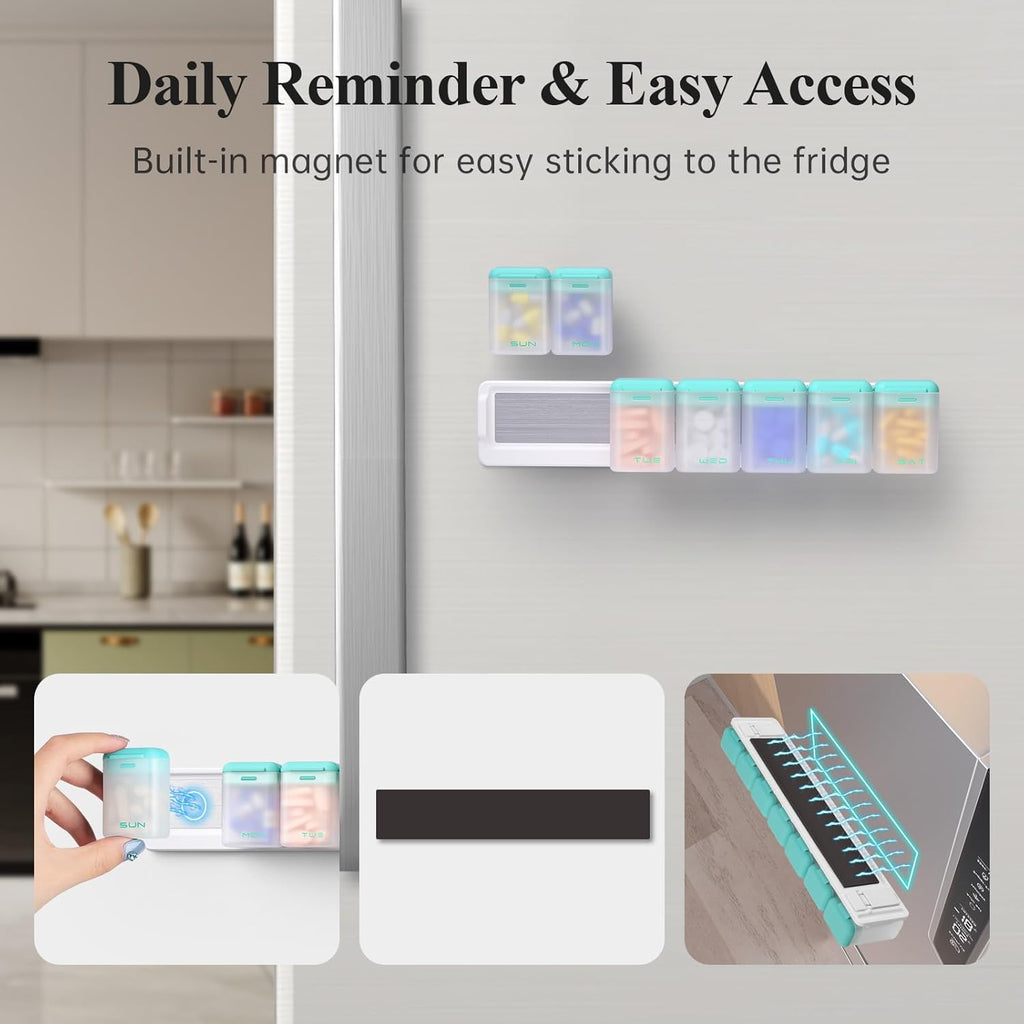 Weekly Pill Organizer Magnetic, Removable Pill Box 7 Day 1 Time a Day, Large Pill Case Travel, Week Once Daily Medication Dispenser, Medicine Container Holder for Supplement Vitamin, Cyan