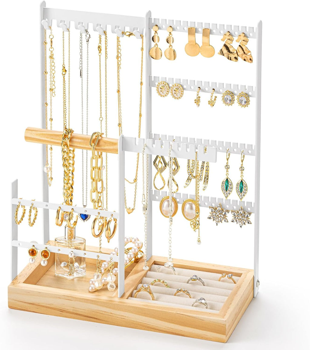 DreamGenius Jewelry Organizer Stand with Velvet Ring Holder, 4 Tier Jewelry Holder Organizer with 11 Hooks for Necklaces and 132 Holes for Earrings, White