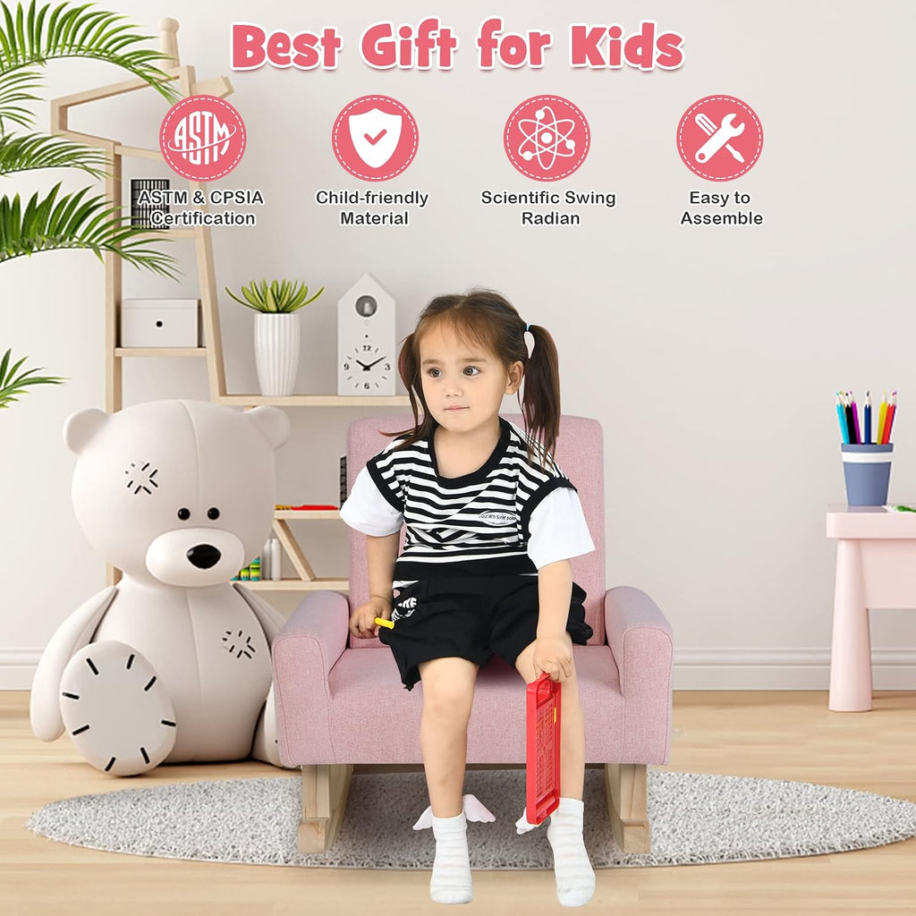 GLACER Toddler Rocking Chair, Fabric Kids Rocker w/Solid Wooden Frame & Non-Slip Mat, Anti-Tipping Design, Comfy Indoor Sofa for Living Room, Playroom, Bedroom (Pink)
