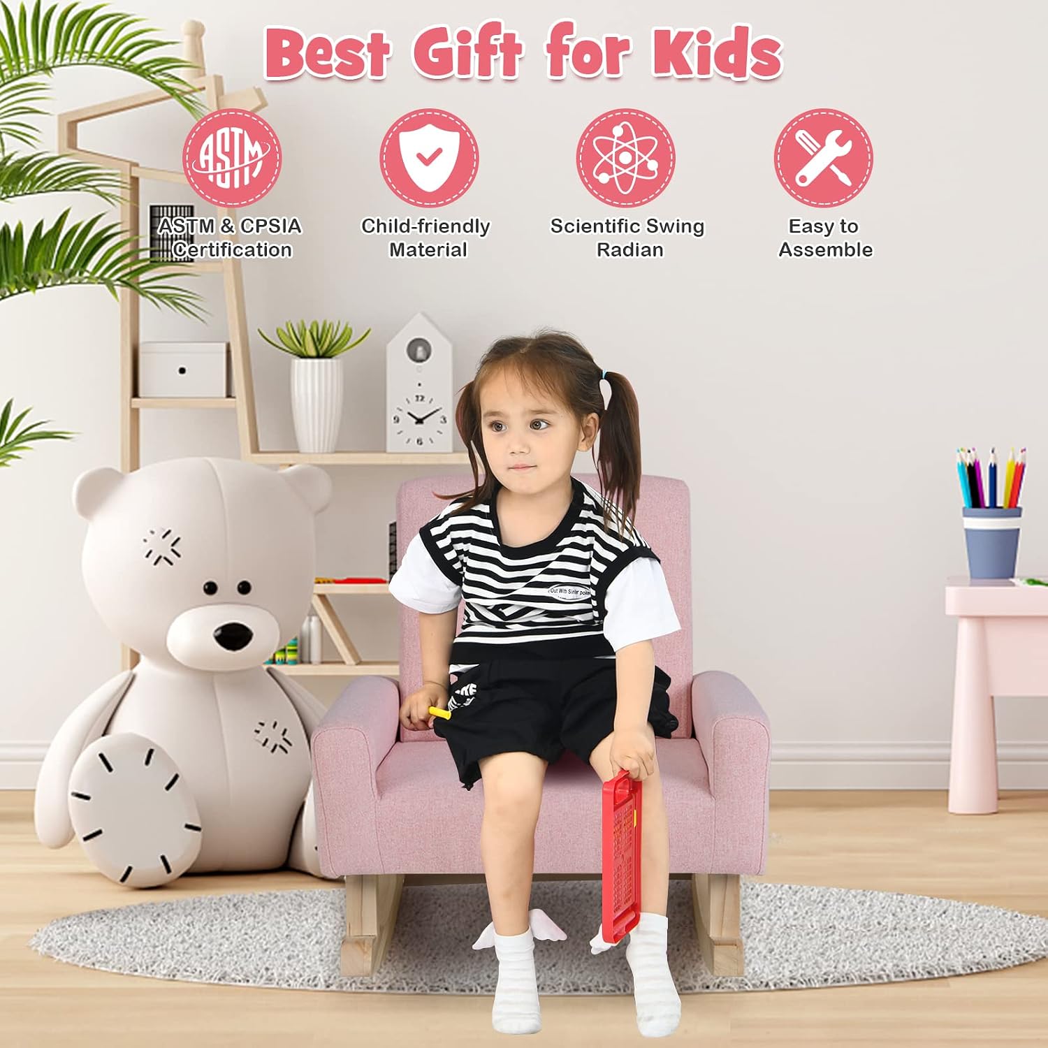 GLACER Toddler Rocking Chair, Fabric Kids Rocker w/Solid Wooden Frame & Non-Slip Mat, Anti-Tipping Design, Comfy Indoor Sofa for Living Room, Playroom, Bedroom (Pink)