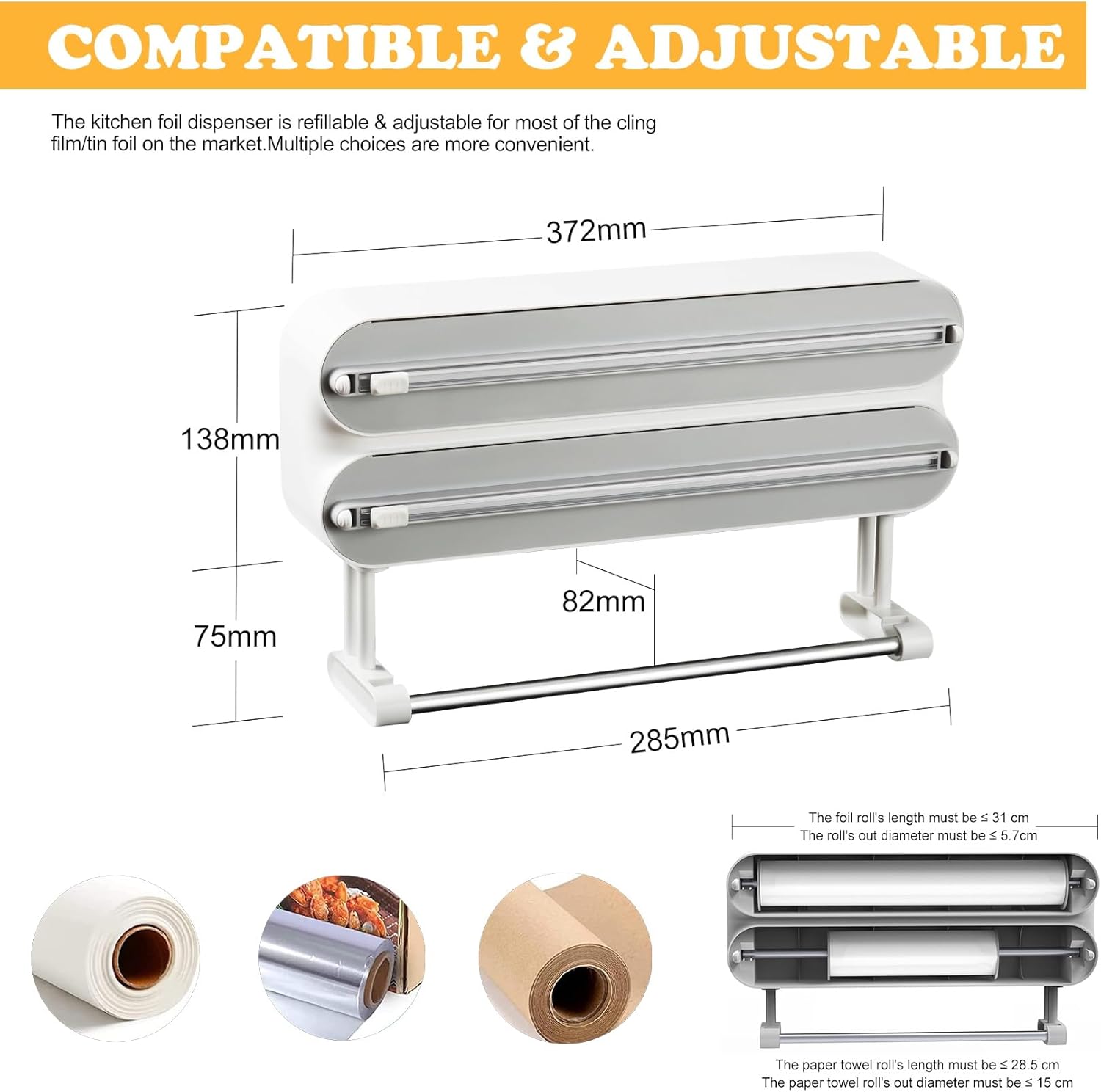 Magnetic Plastic Wrap Dispenser with Cutter - Refillable Aluminum Tin Foil and Plastic Wrap Organizer for Kitchen, Quasziwa Upgraded 3 in 1 Paper Towel Holder Wall Mount - Fits 12" Roll, White