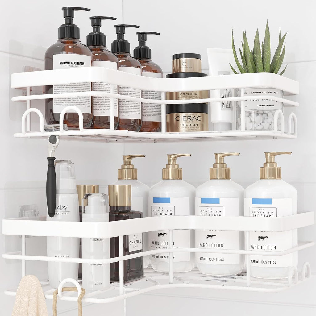Corner Shower Caddy - 2 Pack, Adhesive Shower Organizers, Rustproof Stainless Steel Shower Shelves with 8 Hooks, No Drilling Bathroom Organizers and Storage Racks, Space-Saving, White, X-Large