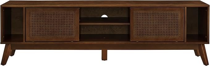 Ball & Cast 68" Mid Century Modern TV Stand for TVs up to 75", Media Console with Rattan Sliding Doors, Open Shelves & Solid Wood Legs, Entertainment Center for Living Room,Bedroom,Walnut