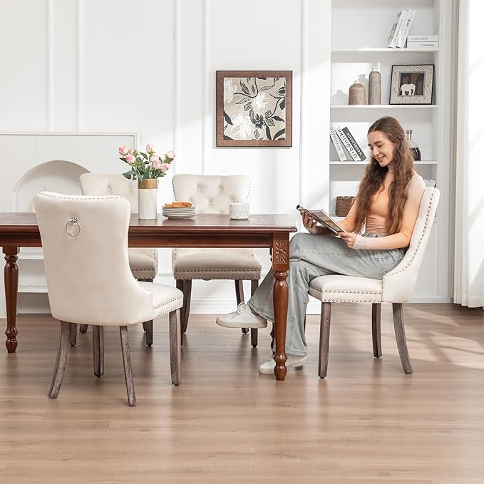 Velvet Dining Chairs Set of 2,Upholstered Dining Chairs with Ring Pull Trim and Button Back,Modern Seating for Kitchen, Bedroom & Living Room(Beige)