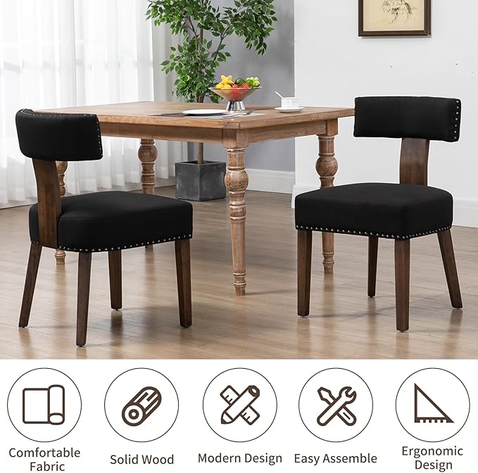 Upholstered Wooden Farmhouse Dining Chairs Set of 2, Mid-Century Modern Fabri...