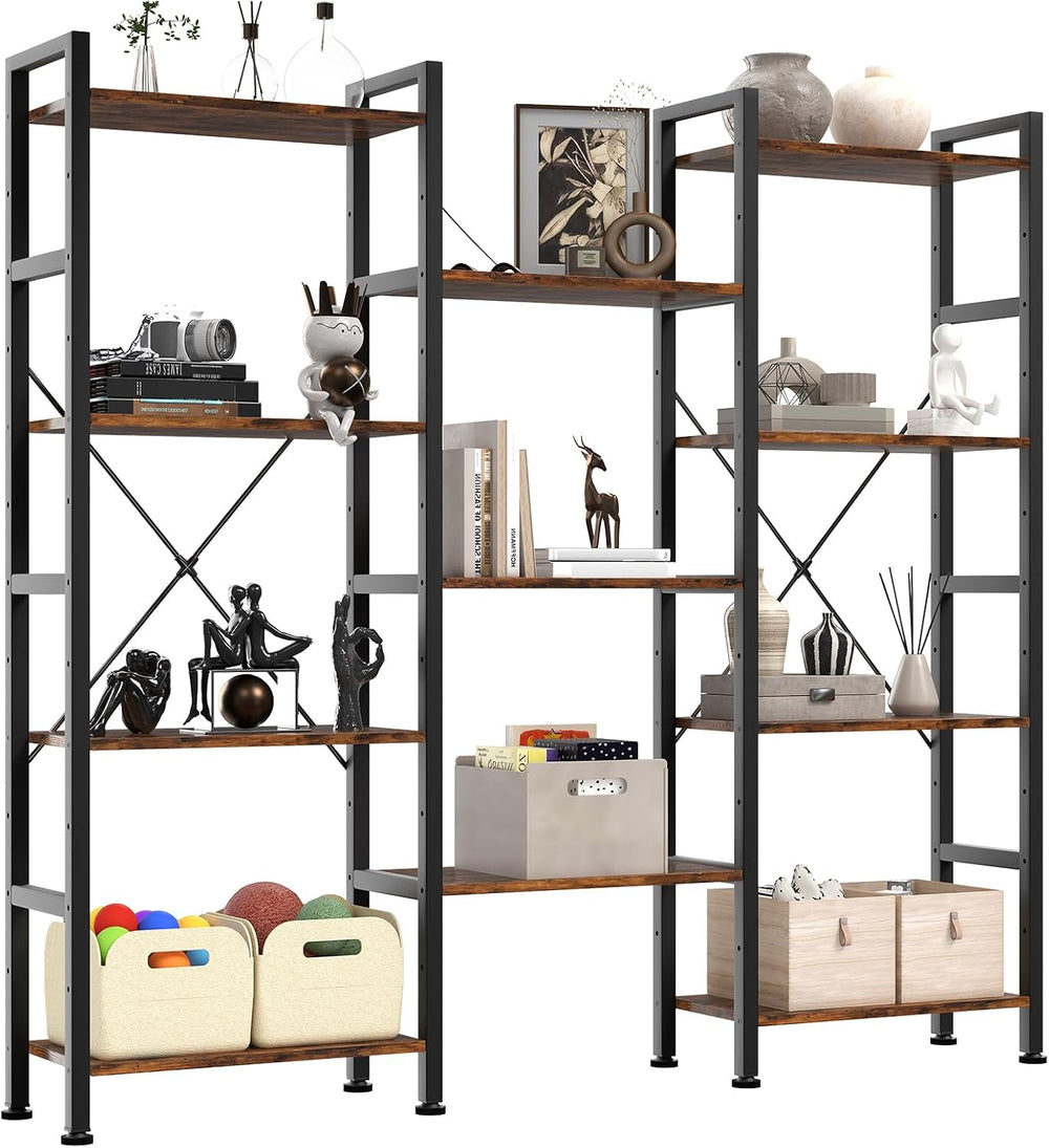 DUMOS Triple Column 4 Tier Bookshelf, Wide Industrial Bookcase, Brown