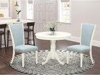 East West Furniture ANVE3-LWH-15 3 Piece Dining Table Set Contains a Round Dining Room Table with Pedestal and 2 Baby Blue Linen Fabric Upholstered Chairs, 36x36 Inch, Linen White