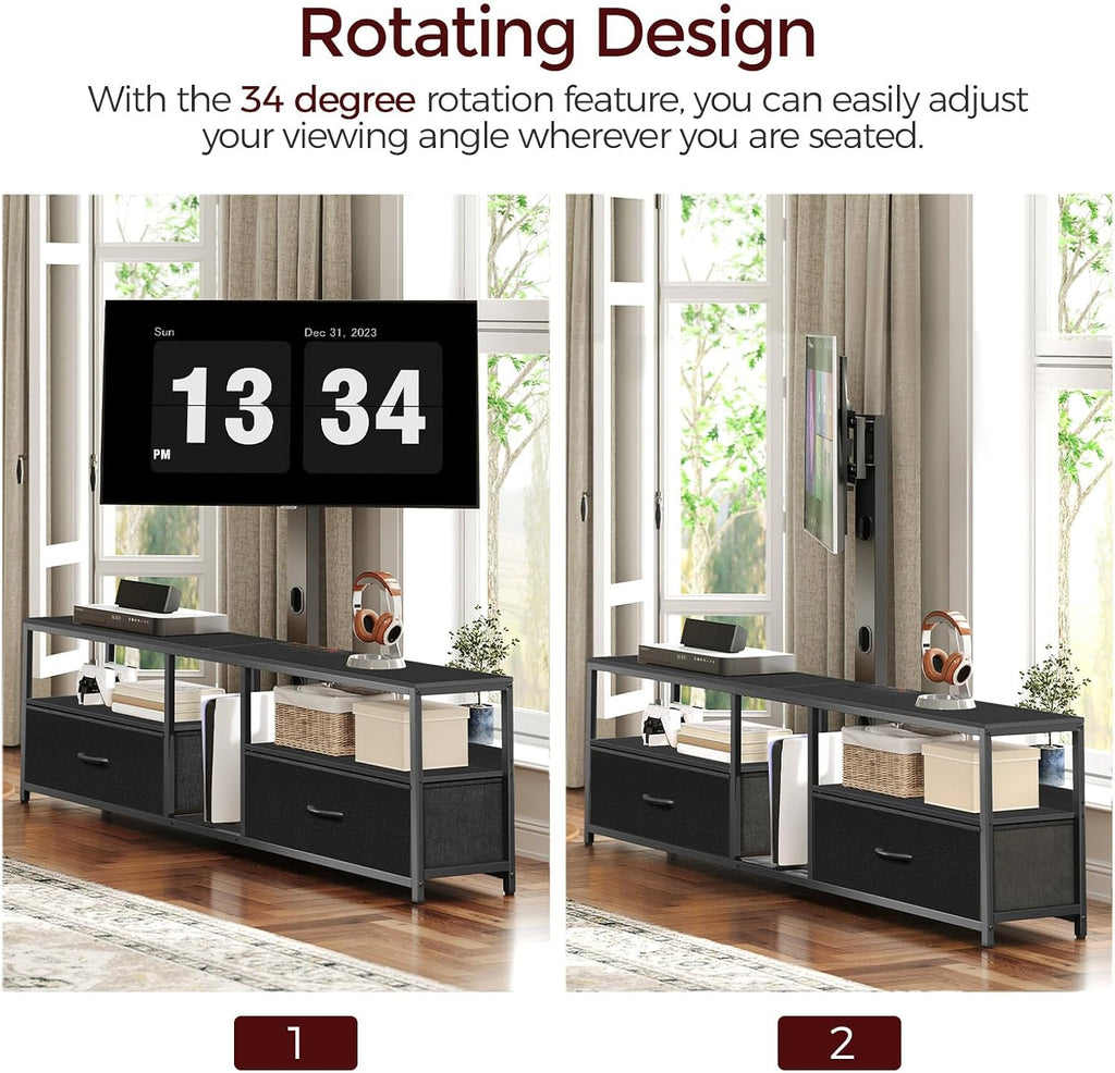 MAHANCRIS TV Stand with Mount for up to 75", Entertainment Center with Switch-Controlled Charging Station, Swivel TV Stand Mount with Fabric Drawers, for Living Room, Black TVBK154E01N2