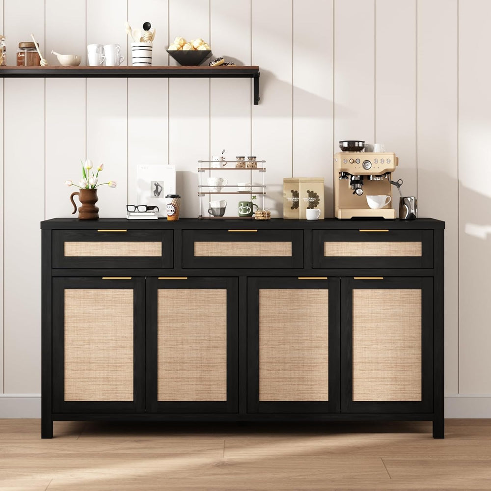 HOKYHOKY Rattan Sideboard Buffet Cabinet, Boho Storage Cabinet with Adjustabl...