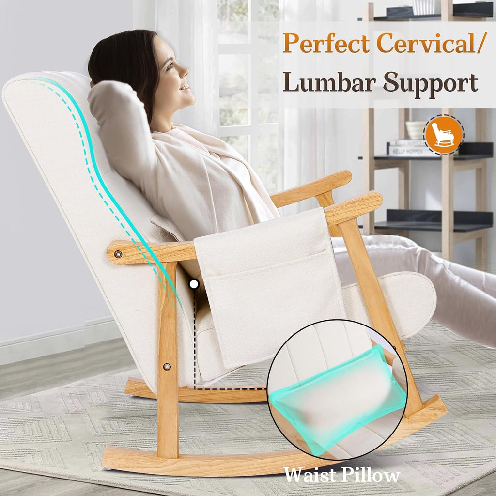 NOBLEMOOD Upholstered Rocking Chair with Ottoman, Solid Wood Frame | Modern Nursery Glider Rocker Chair with Side Pocket, Linen High Back Accent Chair with Padded Seat for Living Room Bedroom