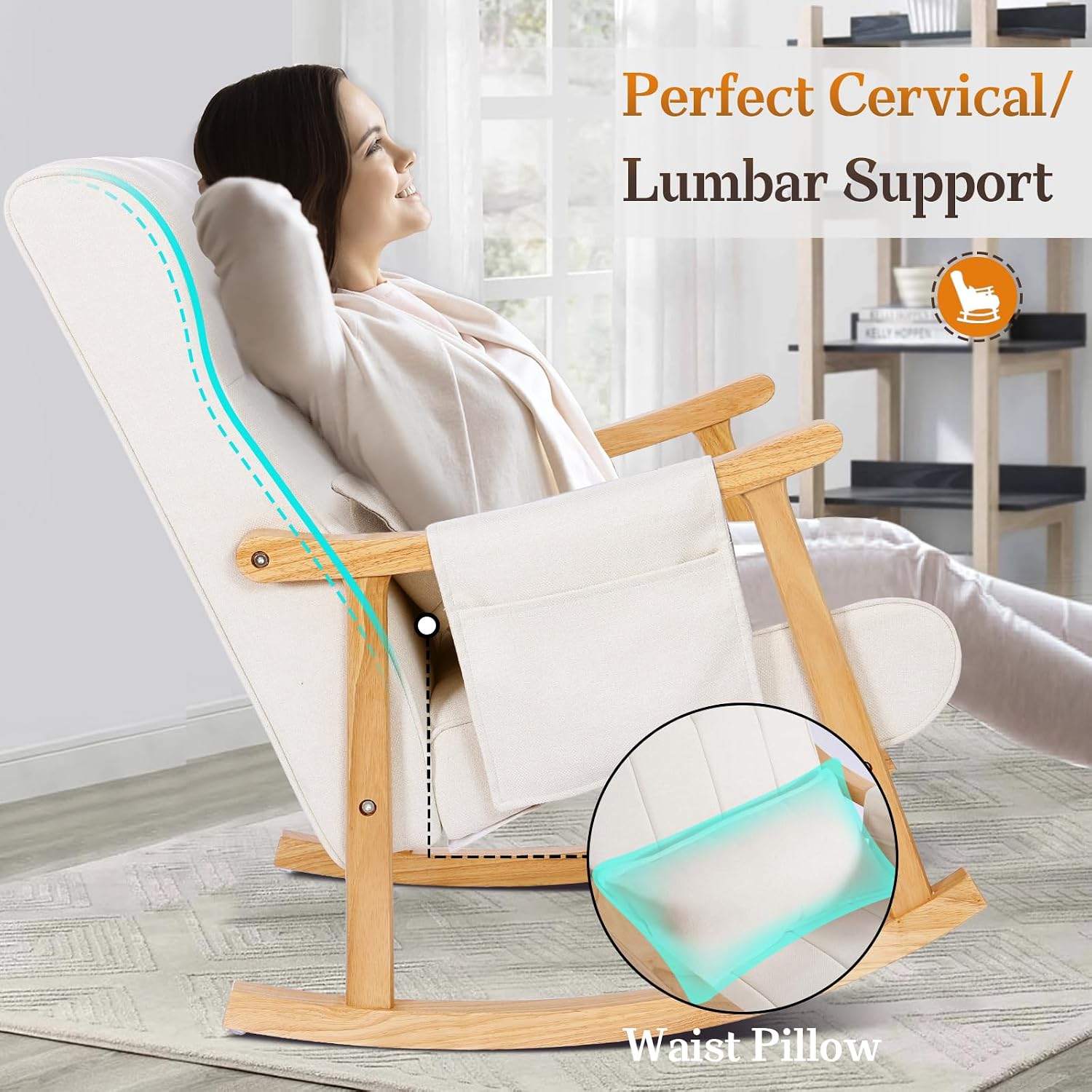 NOBLEMOOD Upholstered Rocking Chair with Ottoman, Solid Wood Frame | Modern Nursery Glider Rocker Chair with Side Pocket, Linen High Back Accent Chair with Padded Seat for Living Room Bedroom