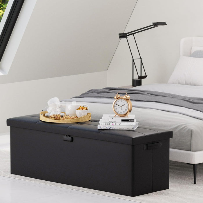 DocSafe Storage Ottoman Bench,Fireproof＆Waterproof Folding Bench with Lock(15”x 43”x15”),Leather Storage Chest with Handles＆2 Extra Boxes,Ottoman Safe for Bedroom,Living Room,Home Office,Black