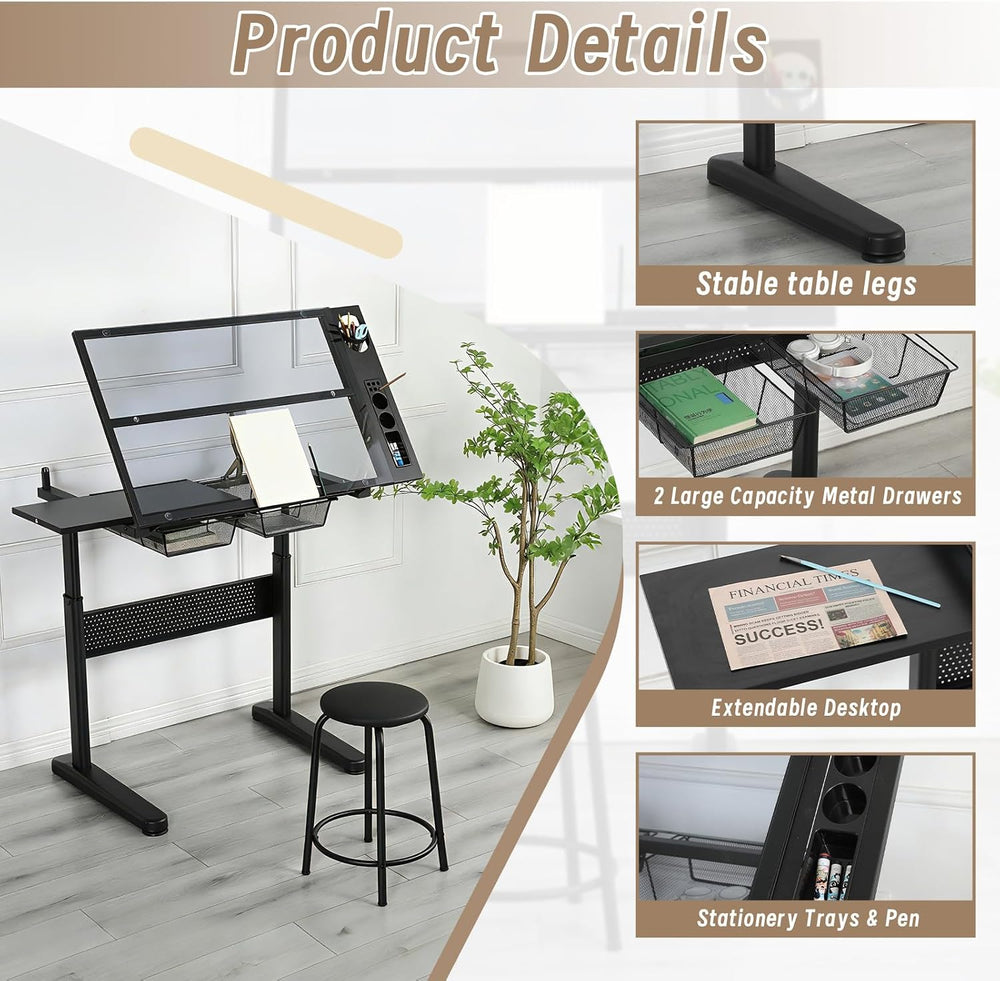 Adjustable Drafting Table with Hand-Crank Lift, 0-75° Tilting Tempered Glass ...