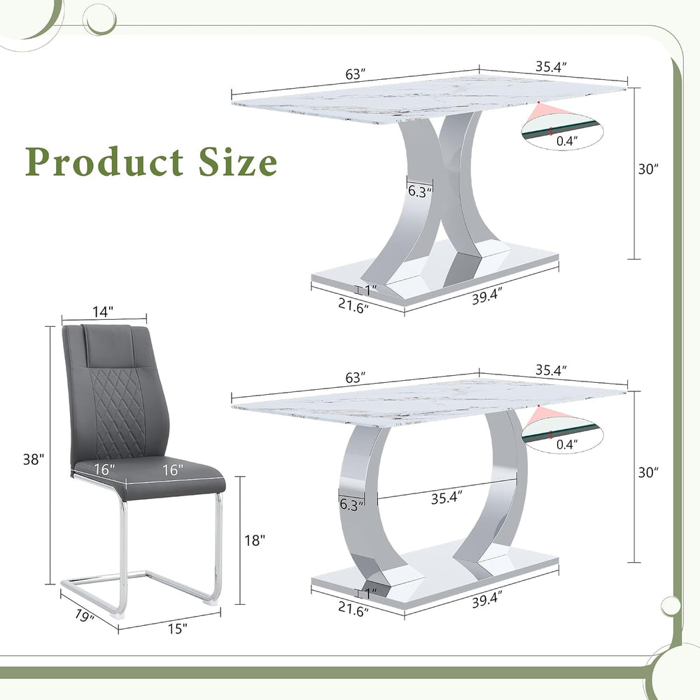 Modern Dining Table Set for 6, 63 Inch White Faux Marble Dining Room Table wi...