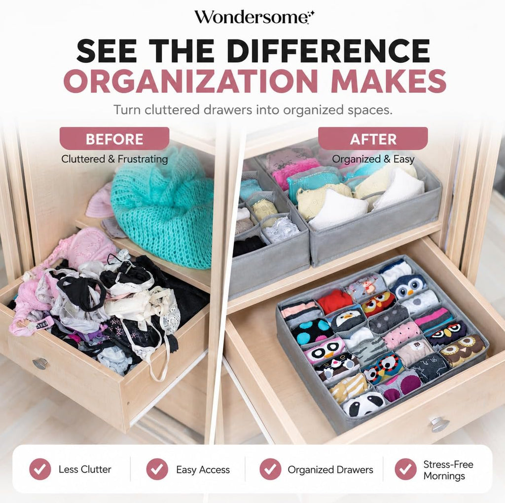 Wondersome Drawer Organizer for Clothes - 6-Pack of Underwear, Sock, Bra, Tie and Clothing Divider - Bedroom Shelf/Cabinet Storage Organization - Foldable Closet and Dresser Fabric Organizing Boxes