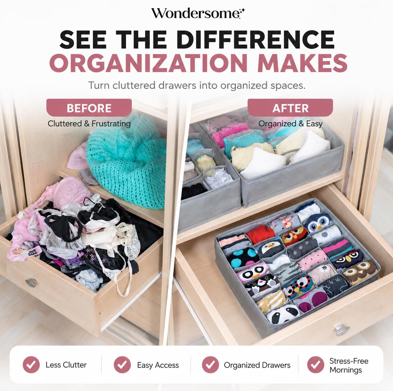 Wondersome Drawer Organizer for Clothes - 6-Pack of Underwear, Sock, Bra, Tie and Clothing Divider - Bedroom Shelf/Cabinet Storage Organization - Foldable Closet and Dresser Fabric Organizing Boxes
