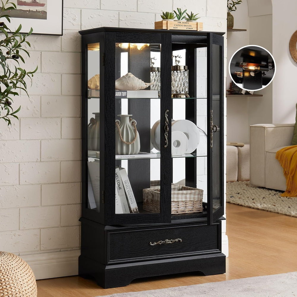 47" Lighted Glass Accent Curio Cabinet, 3-Tier Antique Storage Cage with...