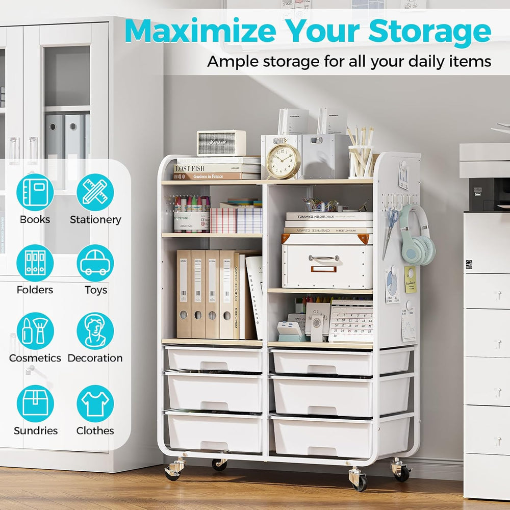 6-Drawer Rolling Storage Cabinet with Wooden Top & Pegboards，Utility Craf...