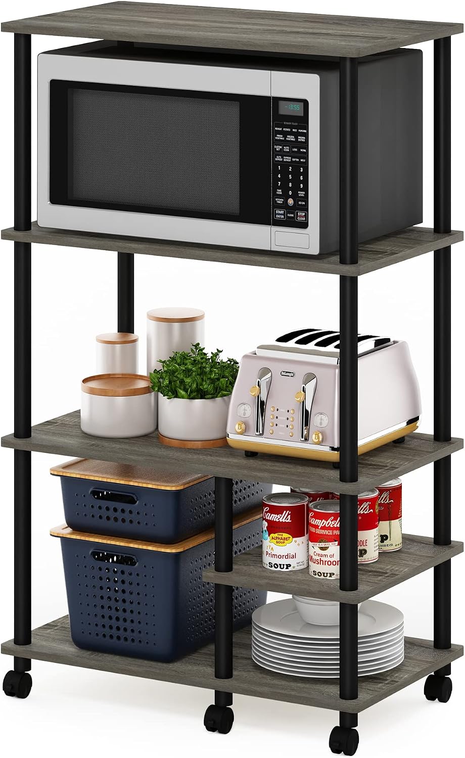 Furinno Turn-N-Tube Bakers Rack with Wheels, 4-Tier Kitchen Storage Cart, Kit...
