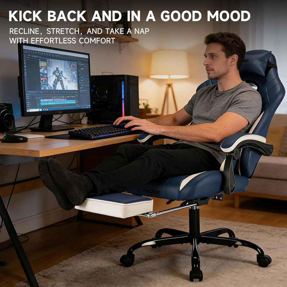 Gaming Chair with Footrest and Massage Lumbar Support, Ergonomic Computer Gam...