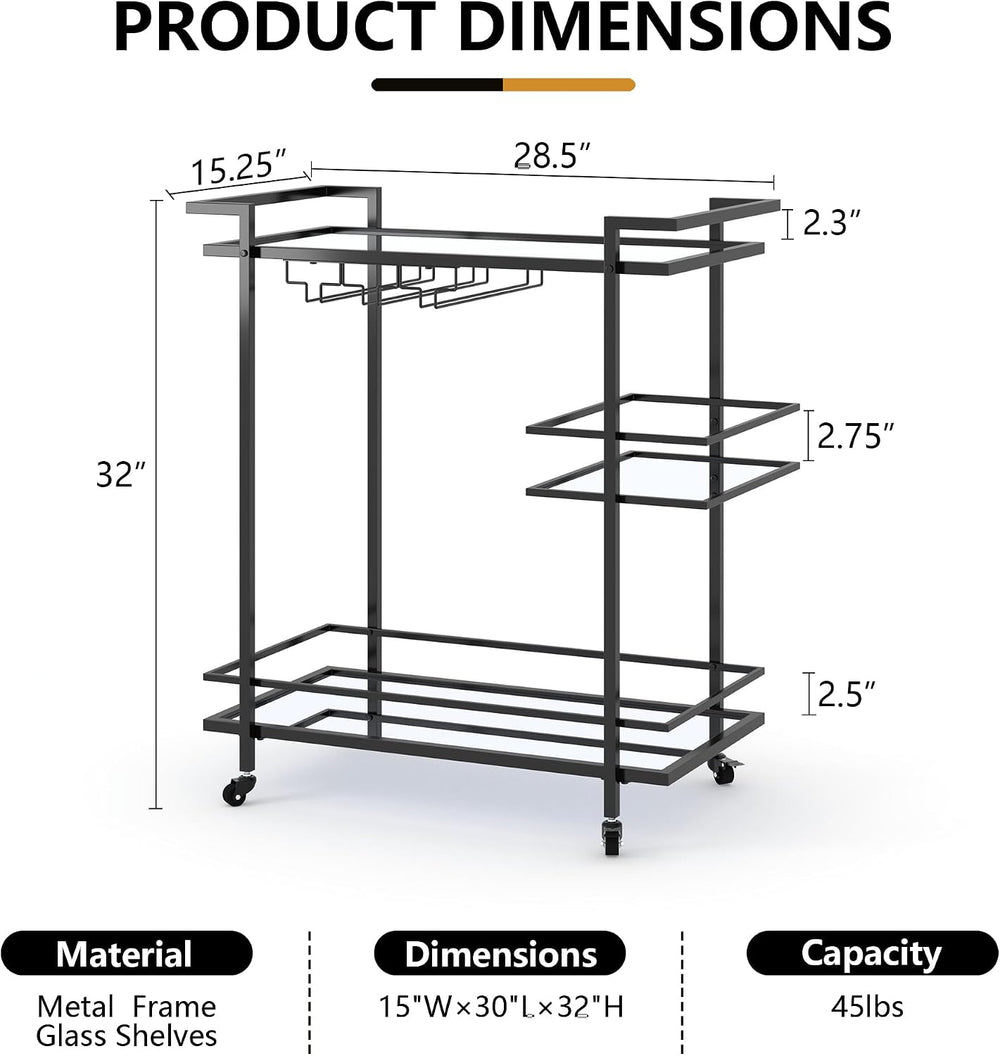 RiteSune Black Bar Carts for The Home, Wine Cart with Wheels | 3 Tier Home Se...