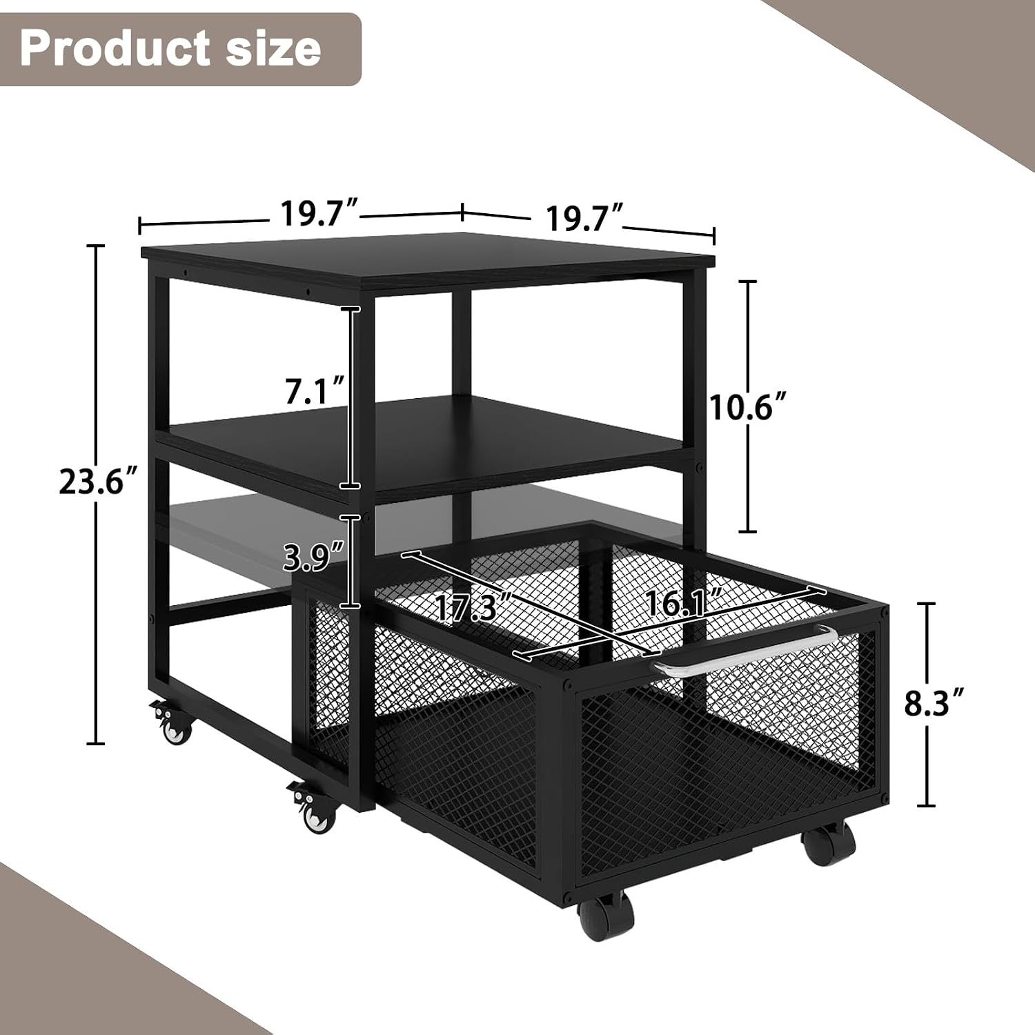 PUNCIA 19.7"x19.7" Mini Fridge Stand 3-Tier Beverage Fridge Table, Black | 220-LB Capacity Beverage Refrigerator Table, Heavy Duty Rolling Organizer with Drawers for Dorm Apartment Office Bedroom