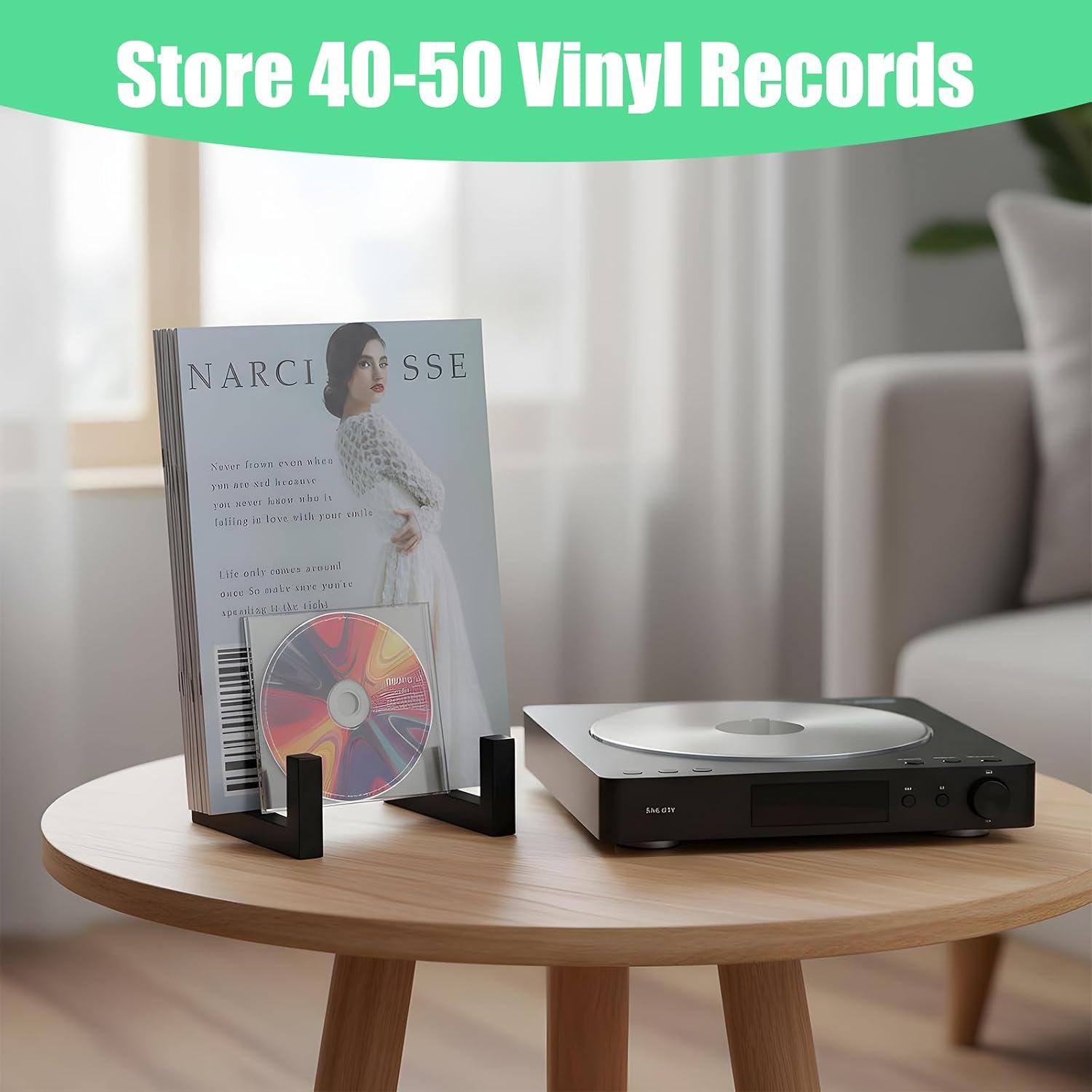 2 Pack Vinyl Record Storage Holder, Metal Record Storage Rack, Vinyl Album Holder for Records Display, Sturdy Tabletop Organizer Stand (Black)