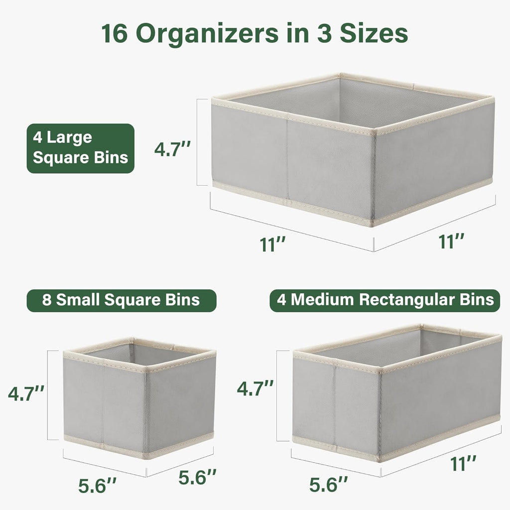 Kootek 16 Pack Drawer Organizer Clothes Dresser Organizers for Clothing | 3 Sizes Bins, Foldable, Breathable Non-Woven Fabric, Closet Organizers and Storage, Easy Assembly, Hold Baby Clothes, Nursery