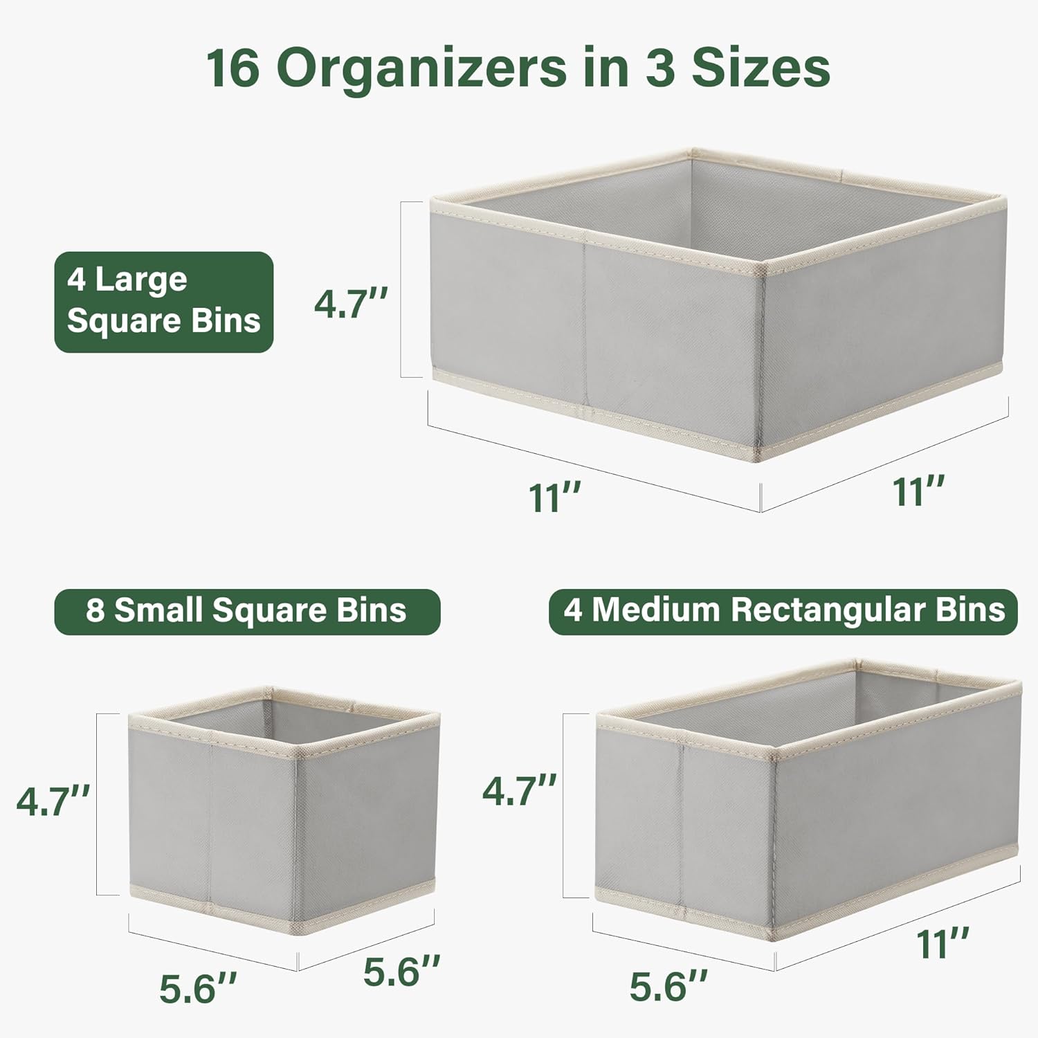 Kootek 16 Pack Drawer Organizer Clothes Dresser Organizers for Clothing | 3 Sizes Bins, Foldable, Breathable Non-Woven Fabric, Closet Organizers and Storage, Easy Assembly, Hold Baby Clothes, Nursery