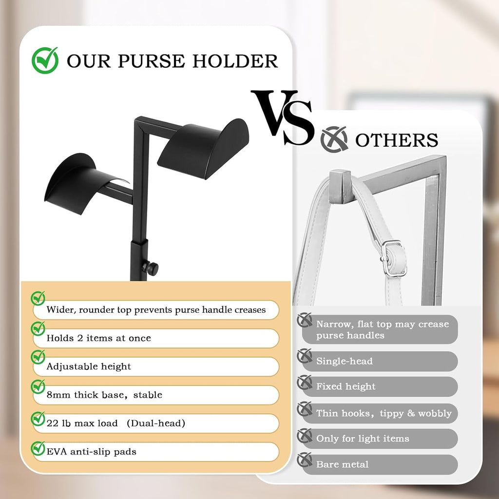2 Pack Purse Stands for Display, Dual Hook Purse Holder, Stainless Steel, Adjustable Height Purse Rack Stand Bag Hanger for Closet, Handbag Display Stand for Vendors Table Boutiques (Black)