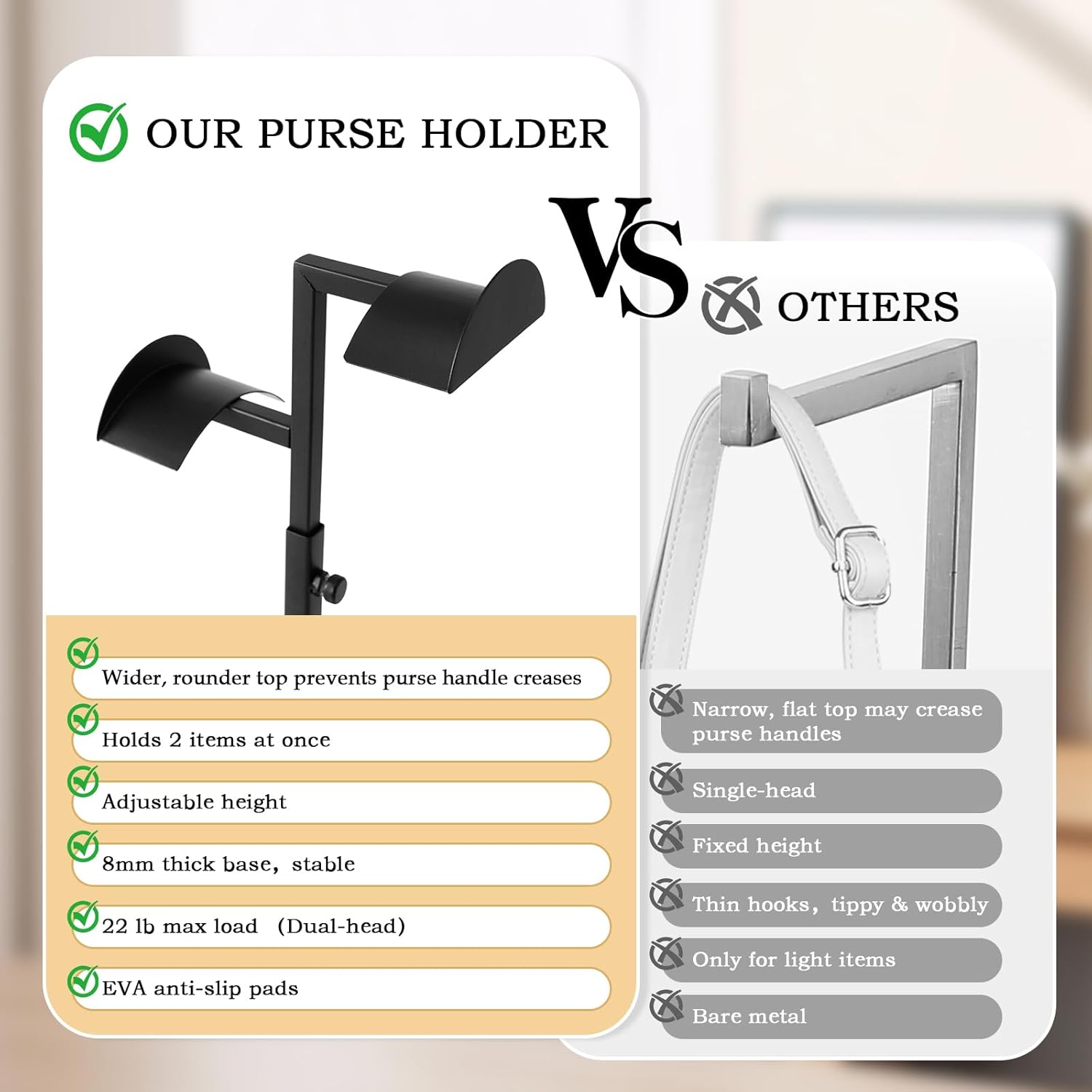 2 Pack Purse Stands for Display, Dual Hook Purse Holder, Stainless Steel, Adjustable Height Purse Rack Stand Bag Hanger for Closet, Handbag Display Stand for Vendors Table Boutiques (Black)