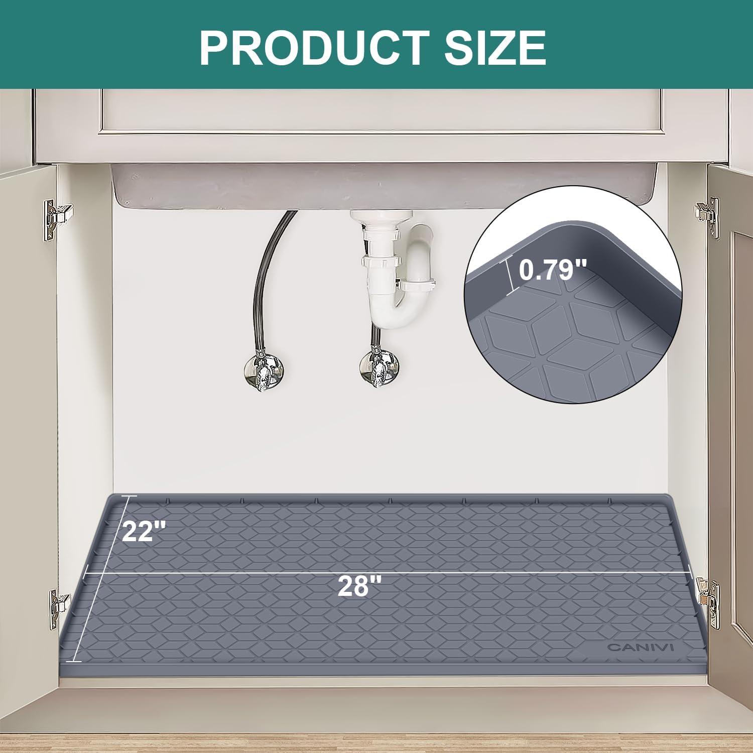 Under Sink Mat, 28" x 22" Waterproof Silicone Under Sink Tray for Kitchen & Laundry Cabinets, Kitchen Cabinet Shelf Protector, Up to 3 Gallons Liquid, Fits 36 inch Standard Cabinet (Blue Grey)