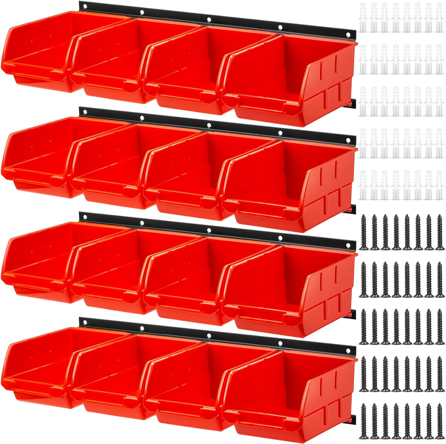 Maitys Wall Mounted Storage Bins Plastic Hanging Stackable Storage Parts Garage Tool Organizer for Screws, Nuts, Bolts, Nails, and Small Hardware Parts, 16x Bins & 4 x Rails(Orange)