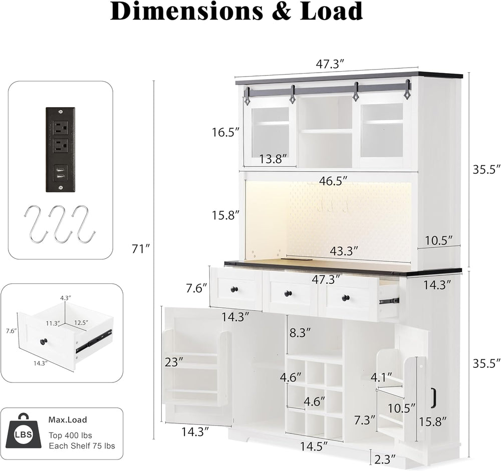 71" White Pantry Cabinet with Coffee Bar Farmhouse Kitchen Hutch Cabinet...