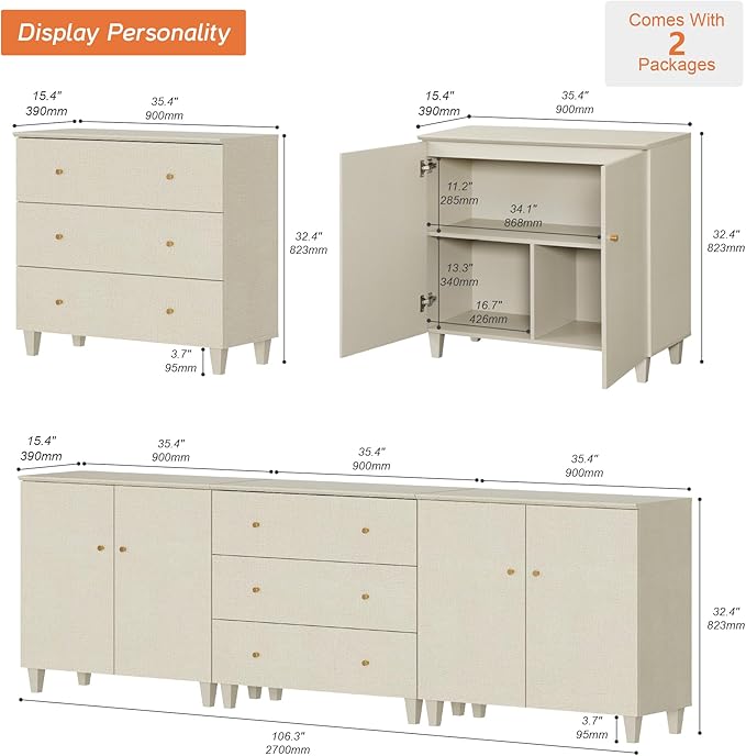 WAMPAT TV Stand Cabinets for 100+ Inches TVs, 3-in-1 Wood Media Console Table with Doors and Drawers, Modern Highboy Entertainment Center with Storage for Living Room Bedroom, Beige Linen