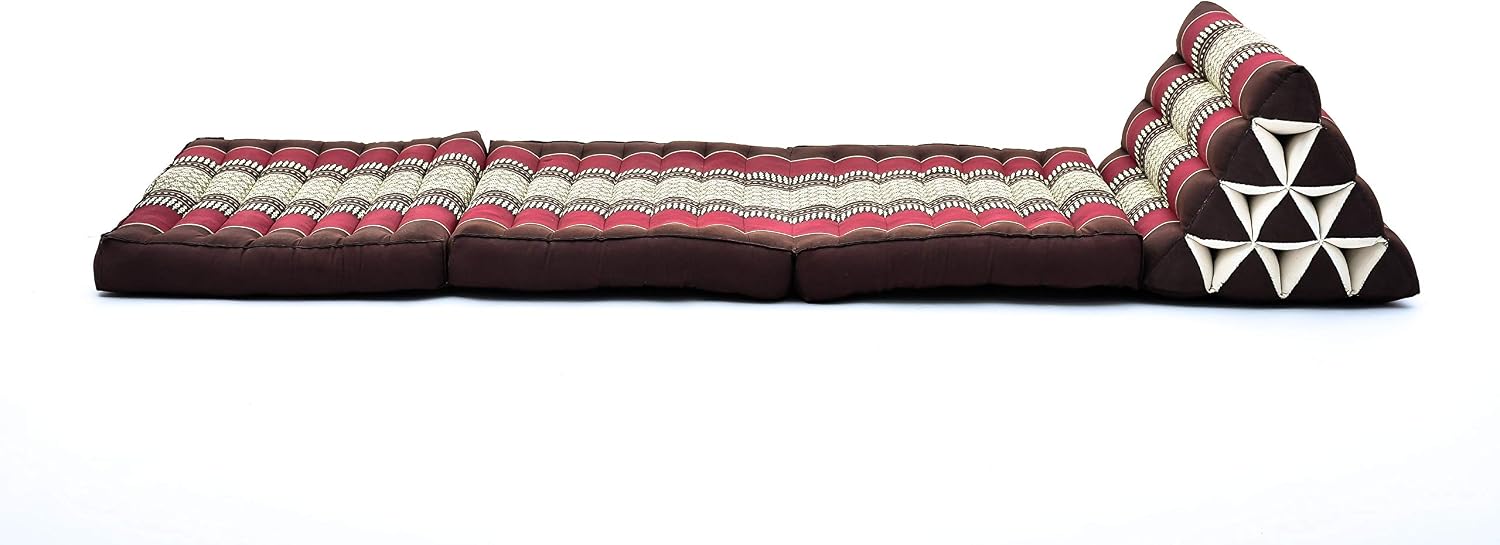 Leewadee - Comfortable Japanese Floor Mattress Used As Thai Floor Bed with Triangle Cushion, Futon Mattress Or Thai Massage Mat, 67 x 21 inches, Brown Red | Floor & lounge cushion for relaxing, reading & TV - for meditation & yoga, firm & stable