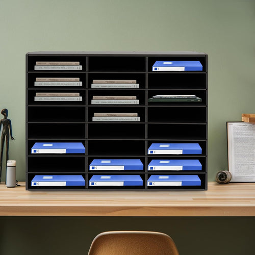 24 Compartments Literature Organizer, Desktop File Sorter Mail Center Paper Storage Cabinet Classroom Mailbox for Files Documents Papers Magazines (Black 24Slots)