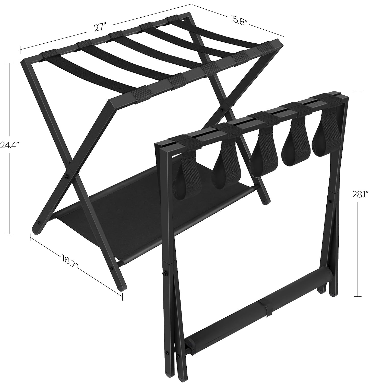 Hzuaneri Luggage Rack, Folding Suitcase Stand for Guest, Foldable, Luggage Holders with Shelf, Steel Frame with Nylon Straps for Bedroom, Hotel, Holds up to 154 lb, Black, 2 Pack LR03901B