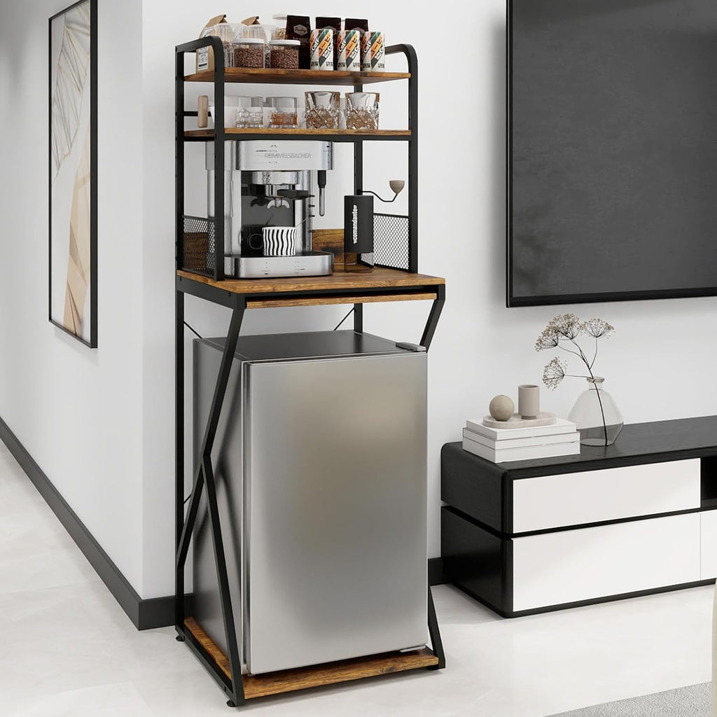PUNCIA 4-Tier Mini Fridge Stand with Outlet, Coffee Bar Organizer, Retro | Coffee Station with Fridge Space, Tall Refrigerator Cabinet & Microwave Shelf Bakers Rack for Kitchen Dorm Pantry Apartment