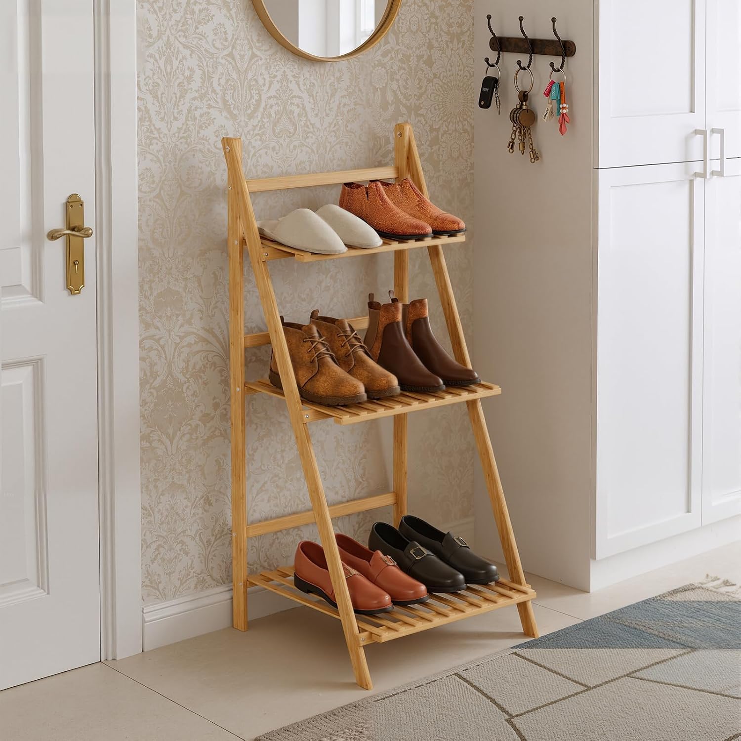 Bamboo Ladder Plant Shelf, 3 Tier Foldable Flower Pot Display Rack, Indoor Outdoor Balcony Decor, Freestanding Plant Organizer for Home Patio Lawn Garden Wooden