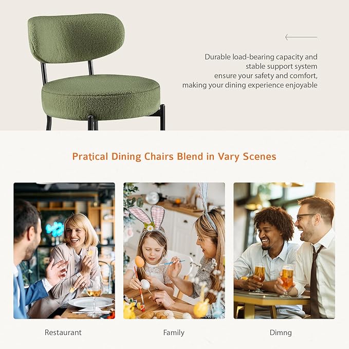 DUMOS Dining Chairs Set of 6, Mid Century Modern Chair Round Upholstered Curved Backrest, Kitchen Vanity Living Room Chairs with Black Metal Legs, Green