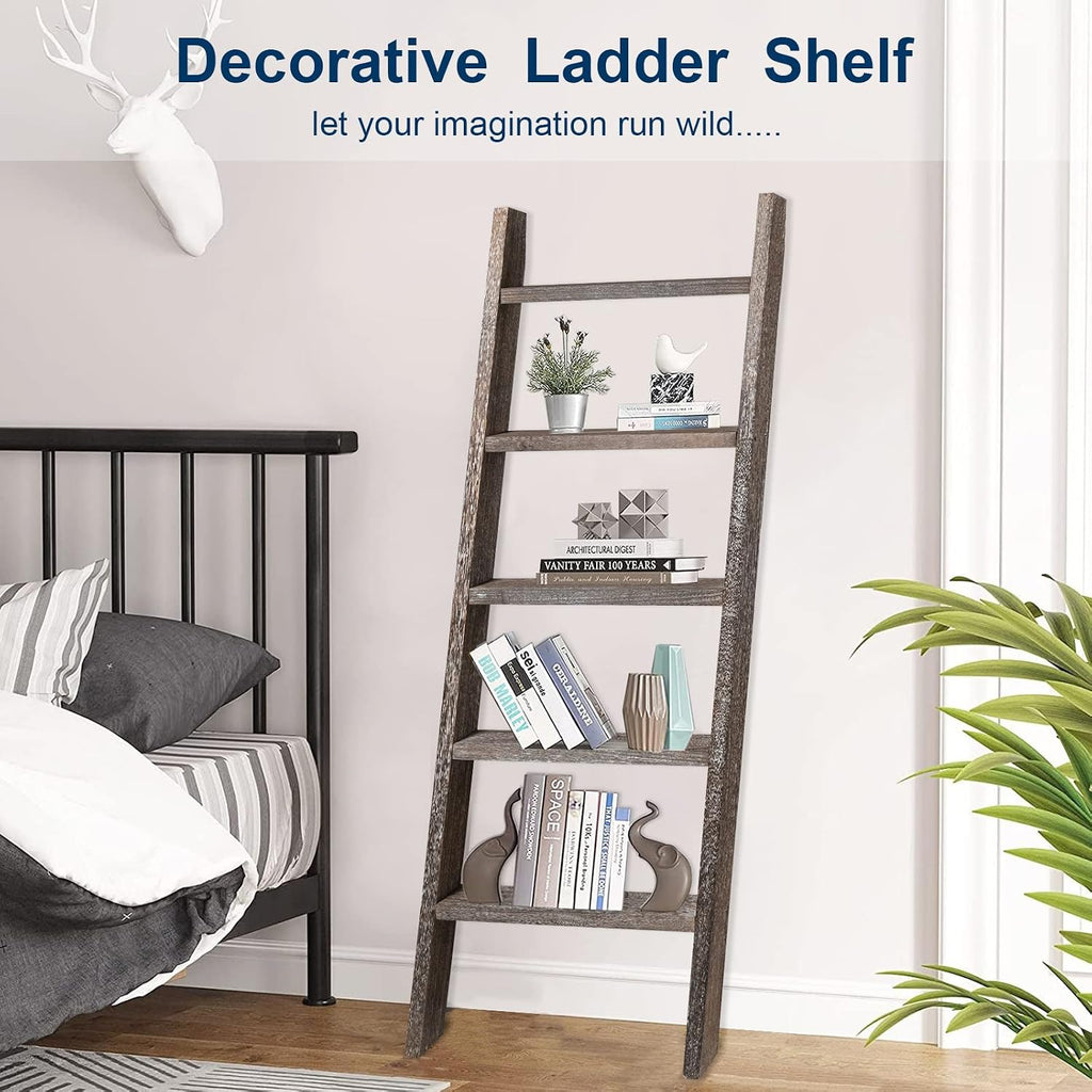 Natsukage Rustic Wooden Blanket Ladder - Farmhouse Decorative Ladder Shelf for Living Room, Bathroom, Bedroom (63" x 22", Rustic Walnut)