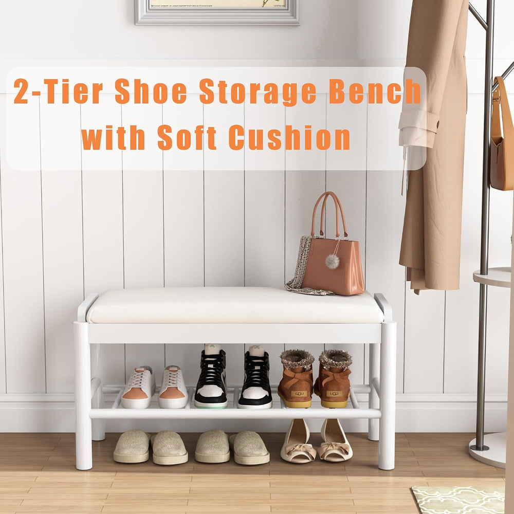 Shoe Storage Bench with Cushion - 2 Tier Shoe Rack for Front Door Entrance, W...