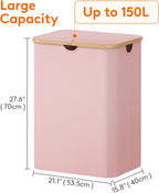 Lifewit 150L Laundry Basket with Lid, Clothes Hampers for Laundry with Bamboo Handles and 2 Removable Bags, Large Foldable Laundry Hamper for Bedroom, Bathroom, Dorm, Pink