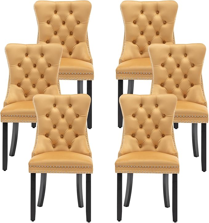 Kiztir Velvet Dining Chairs Set of 6, Upholstered Dining Room Chairs with Ring Pull Trim and Button Back, Luxury Tufted Dining Chairs for Living Room, Bedroom, Kitchen (Gold)