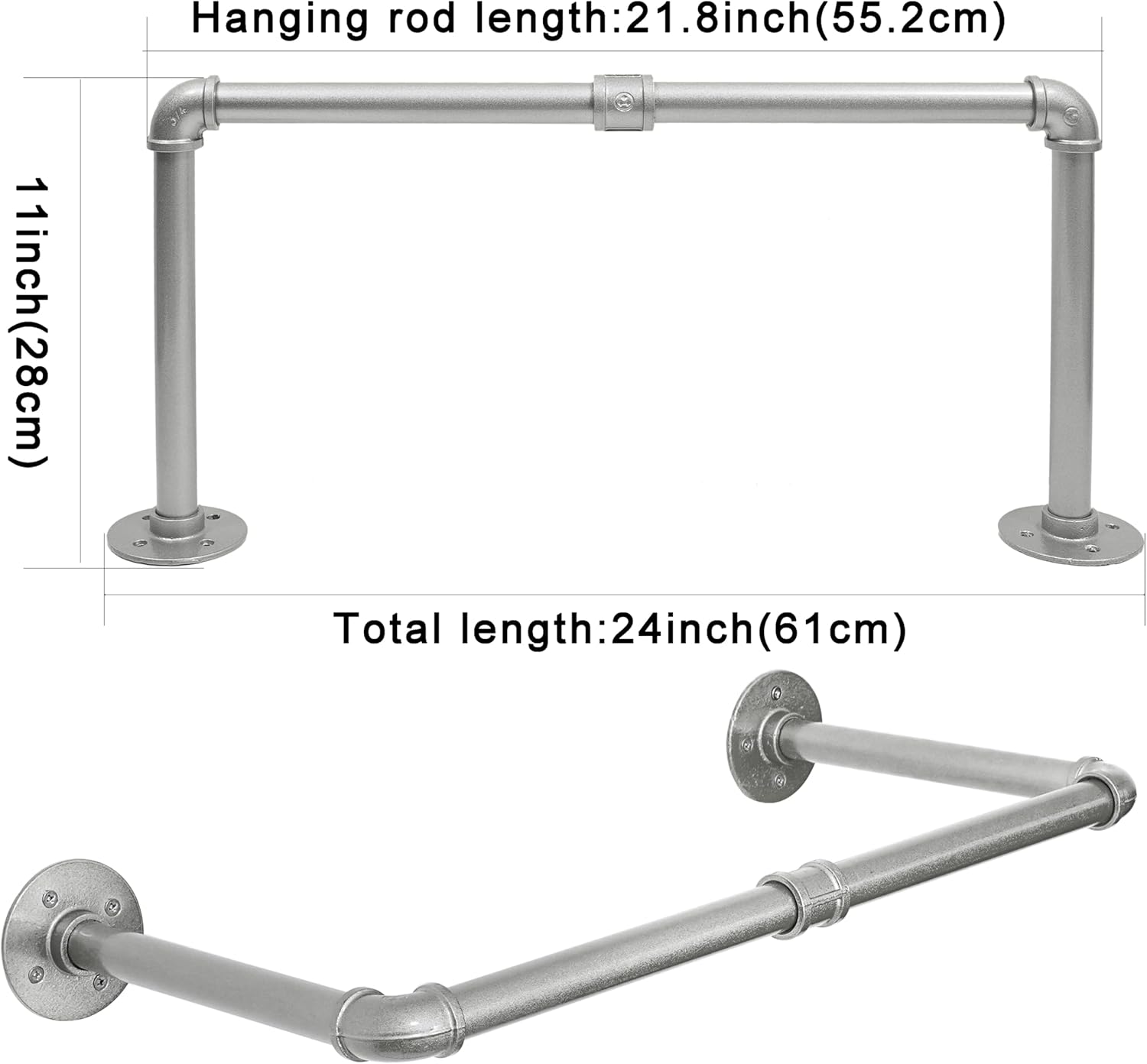 WEBI Industrial Pipe Clothing Rack,24" Wall Mounted Clothes Rack for Hanging Clothes,Heavy Duty Metal Garment Rack Bar Wall Mount Clothing Rod for Closet,Laundry Room,Silver