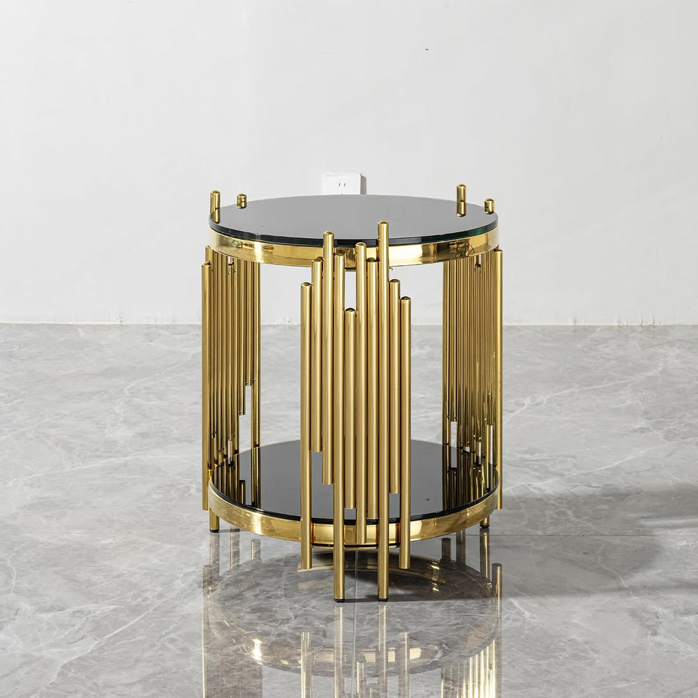 Gold Black End Table with Golden Stainless Steel Frame,Modern Glass Bedside N...