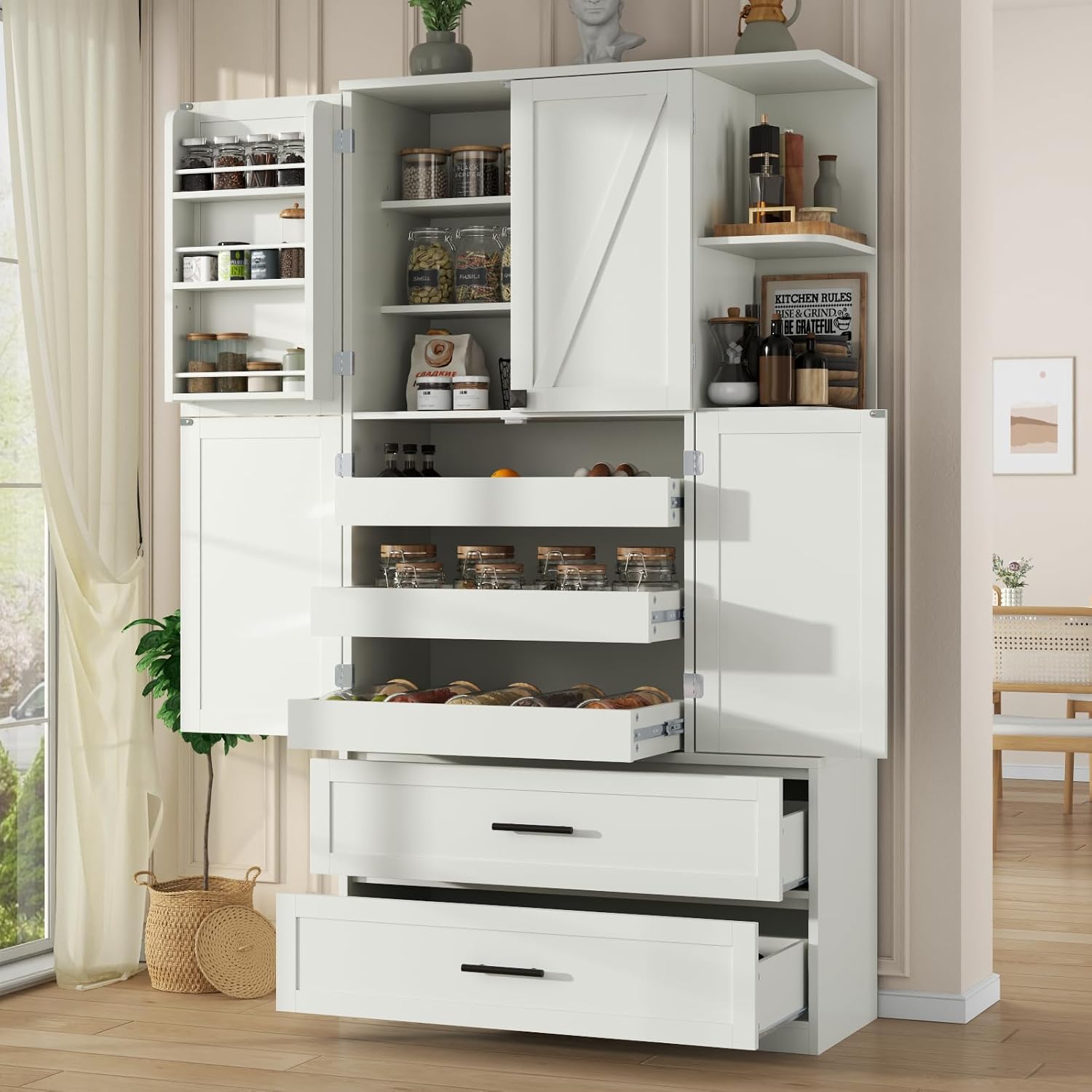 Loomie 66.9" Farmhouse Kitchen Pantry Cabinet, 5 Drawers Storage Cabinet with 4 Side Shelves & 6 Door Shelves, Freestanding Hutch with Doors, Buffet Sideboard, Cupboard for Dining Room, White (White)