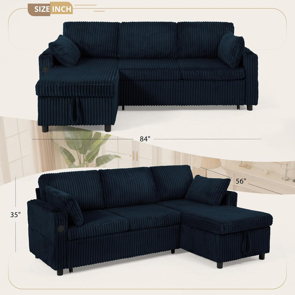 84" Corduroy Pull Out Sofa Bed w/Adjustable Backrests, Blue