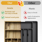 Acacia Wood Silverware Drawer Organizer, Kitchen Utensil Cutlery Drawer Organizer with Grooved Dividers, Flatware Organizer Silverware Tray Holder for Spoon, Fork, 13''x16.9'' (7 Slots)